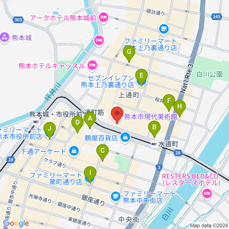 熊本市現代美術館（CAMK）周辺のコンビニエンスストア一覧地図