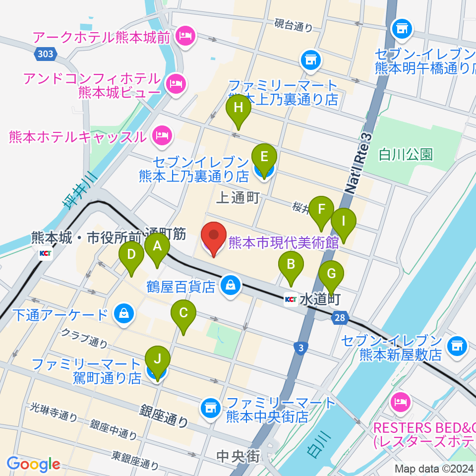 熊本市現代美術館（CAMK）周辺のコンビニエンスストア一覧地図