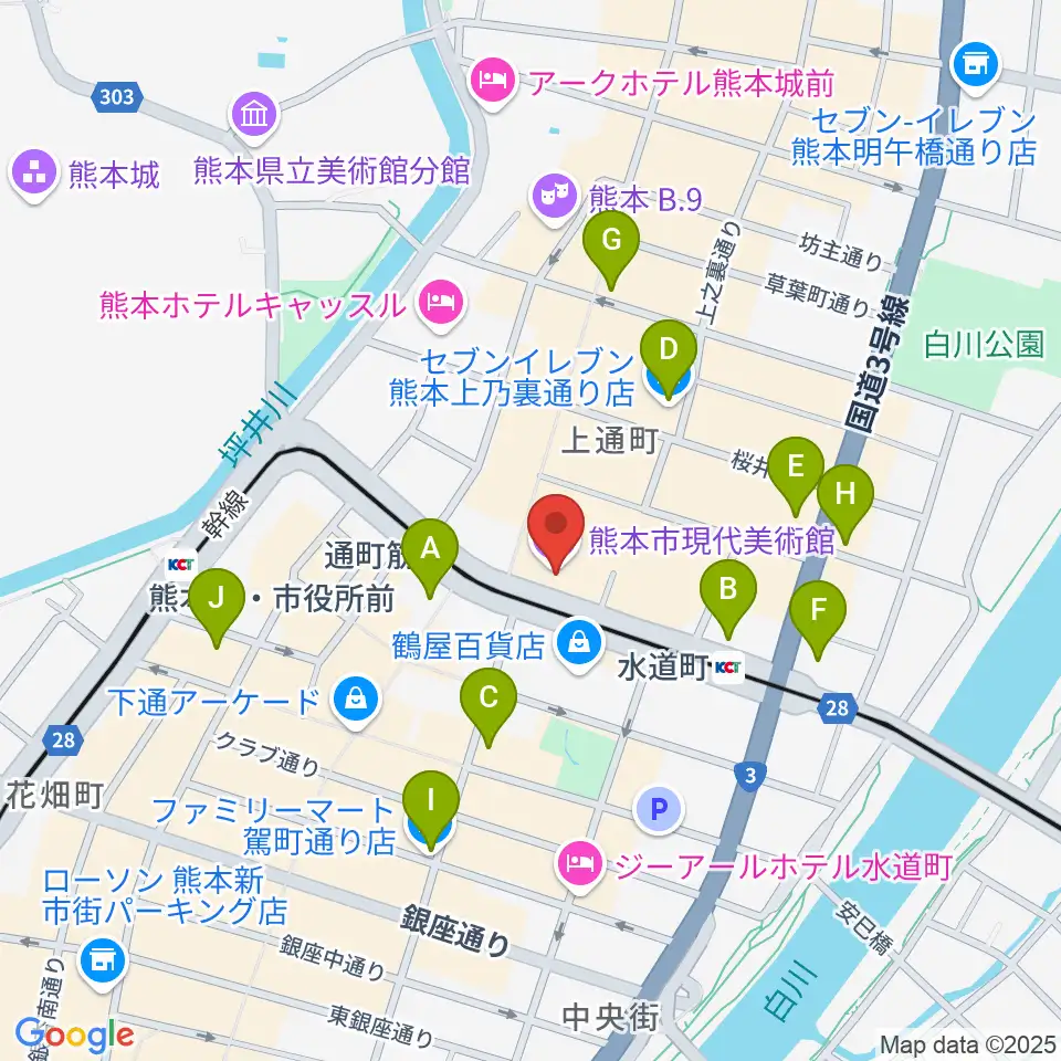 熊本市現代美術館(CAMK)周辺のコンビニエンスストア一覧地図