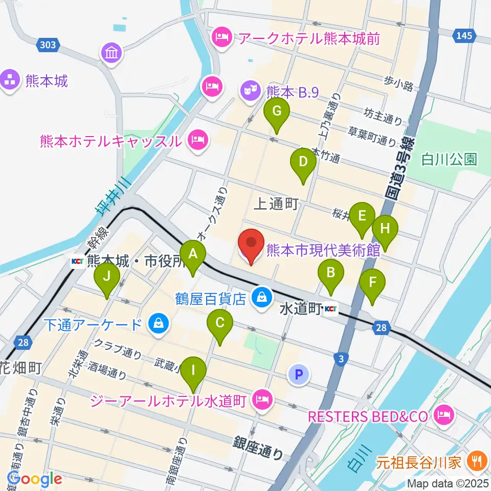 熊本市現代美術館(CAMK)周辺のコンビニエンスストア一覧地図