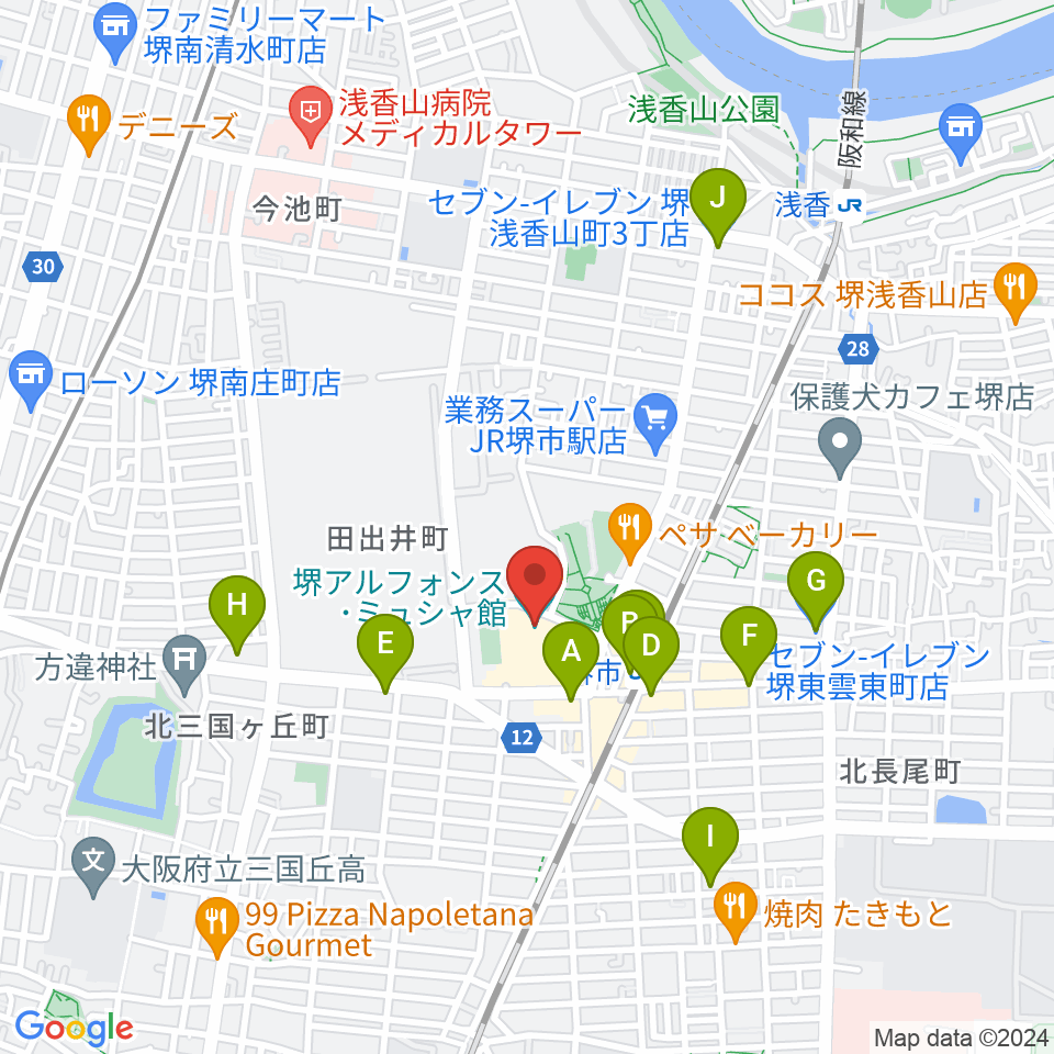 堺アルフォンス・ミュシャ館（堺市立文化館）周辺のコンビニエンスストア一覧地図