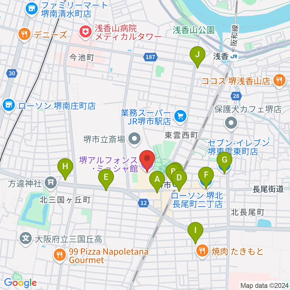 堺アルフォンス・ミュシャ館（堺市立文化館）周辺のコンビニエンスストア一覧地図