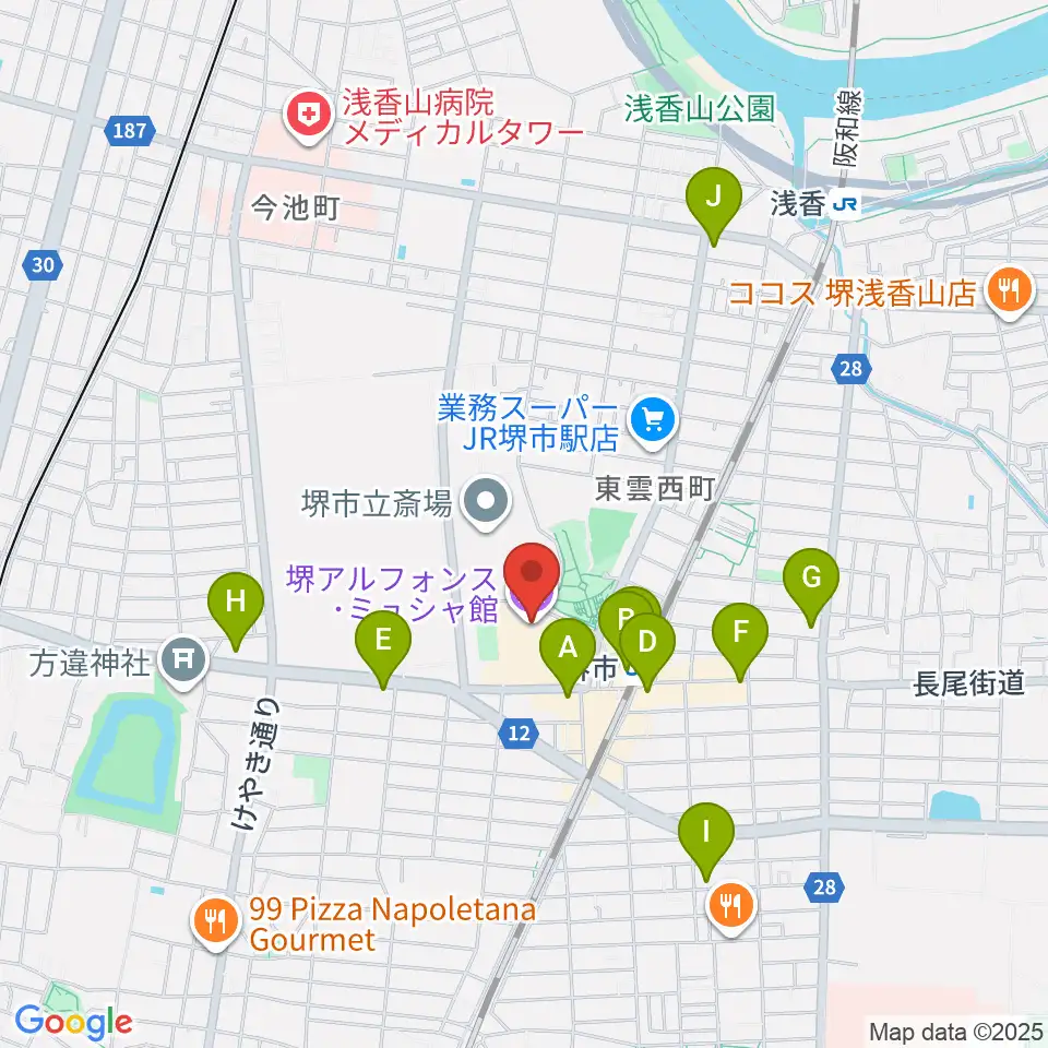 堺アルフォンス・ミュシャ館(堺市立文化館)周辺のコンビニエンスストア一覧地図