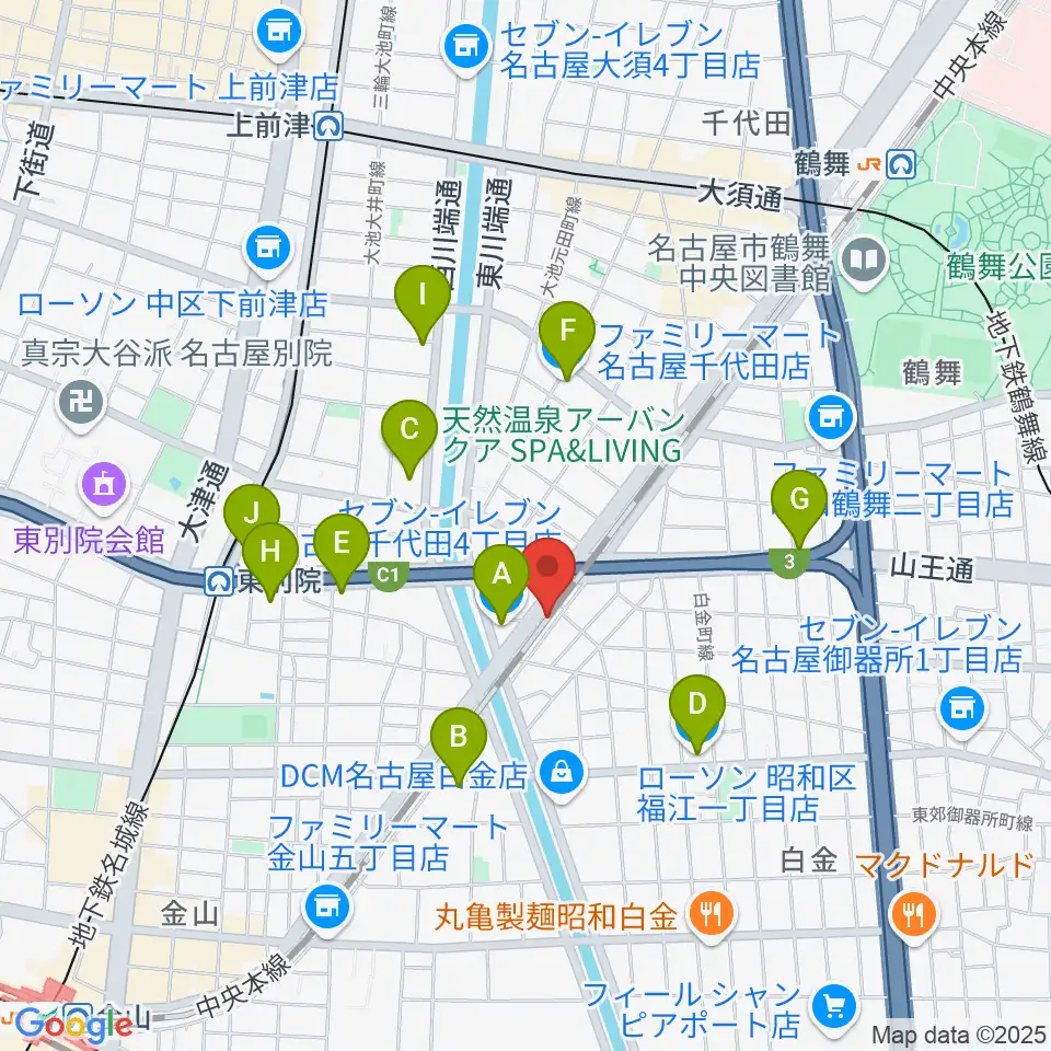スタジオべティックス鶴舞店周辺のコンビニエンスストア一覧地図