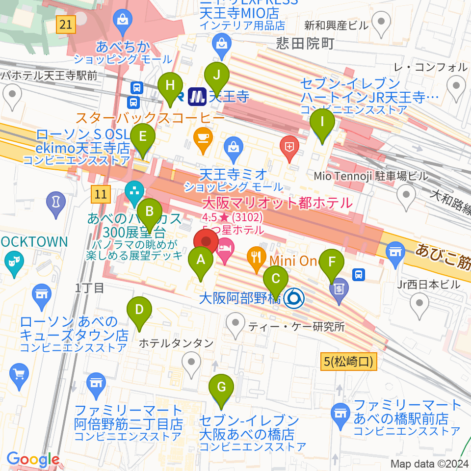 あべのハルカス美術館周辺のコンビニエンスストア一覧地図