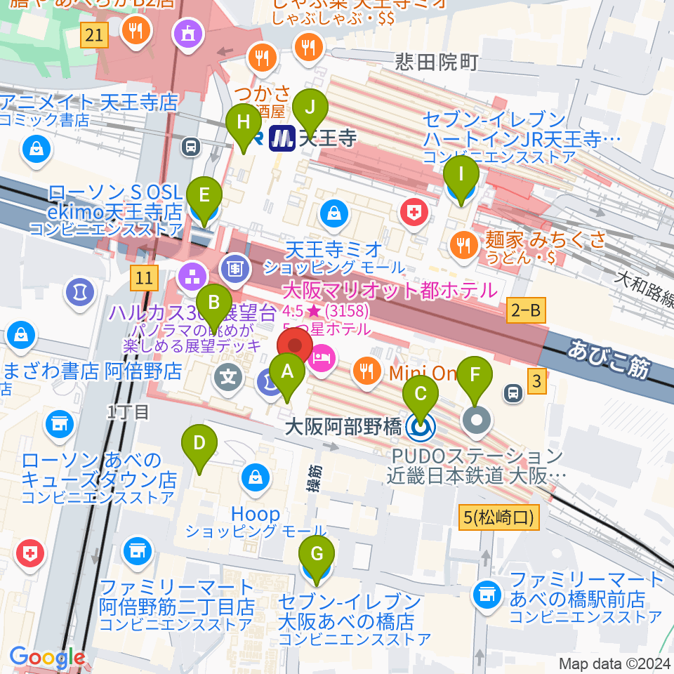 あべのハルカス美術館周辺のコンビニエンスストア一覧地図