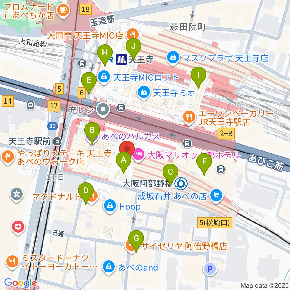 あべのハルカス美術館周辺のコンビニエンスストア一覧地図