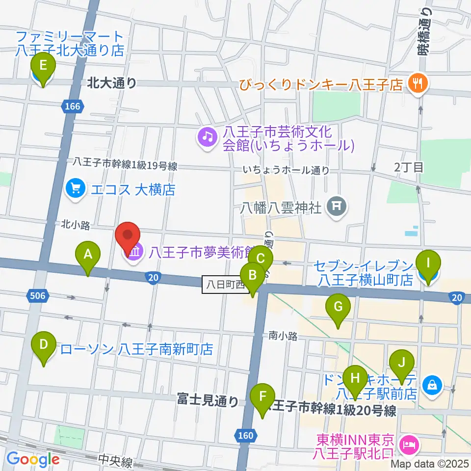 八王子市夢美術館周辺のコンビニエンスストア一覧地図