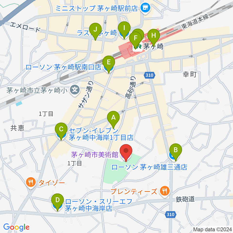 茅ヶ崎市美術館周辺のコンビニエンスストア一覧地図