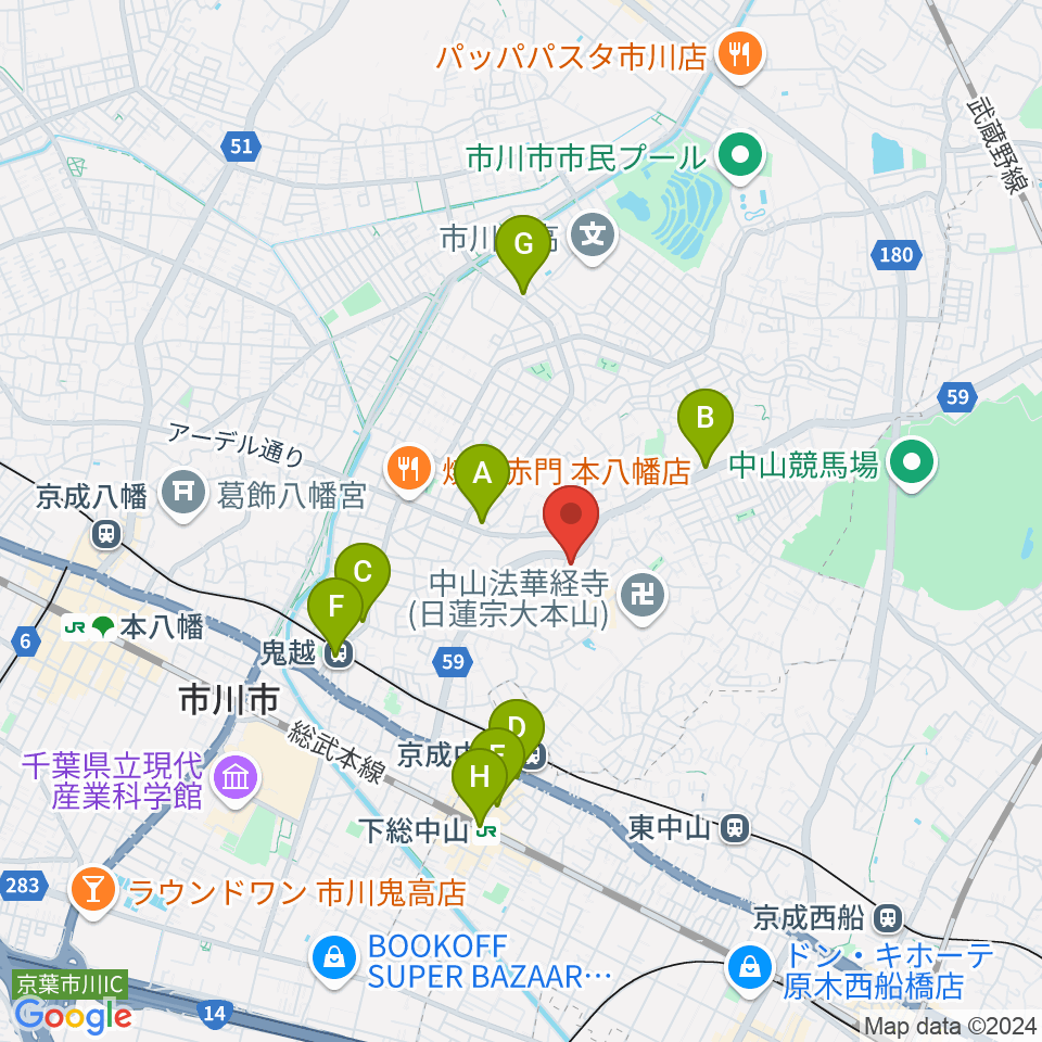 市川市東山魁夷記念館周辺のコンビニエンスストア一覧地図