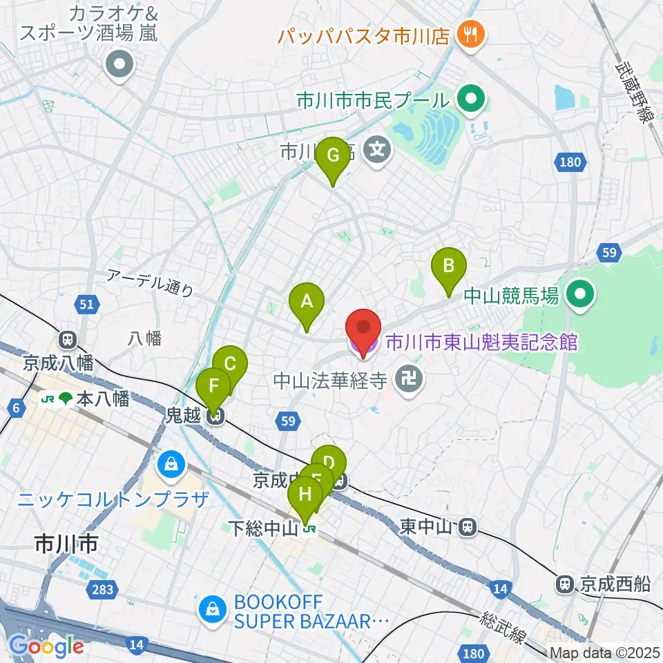 市川市東山魁夷記念館周辺のコンビニエンスストア一覧地図