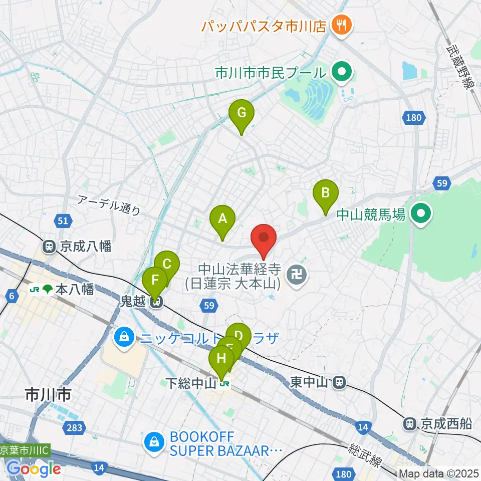 市川市東山魁夷記念館周辺のコンビニエンスストア一覧地図