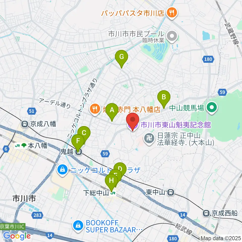 市川市東山魁夷記念館周辺のコンビニエンスストア一覧地図