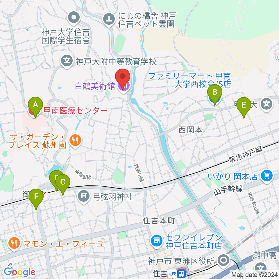 白鶴美術館周辺のコンビニエンスストア一覧地図