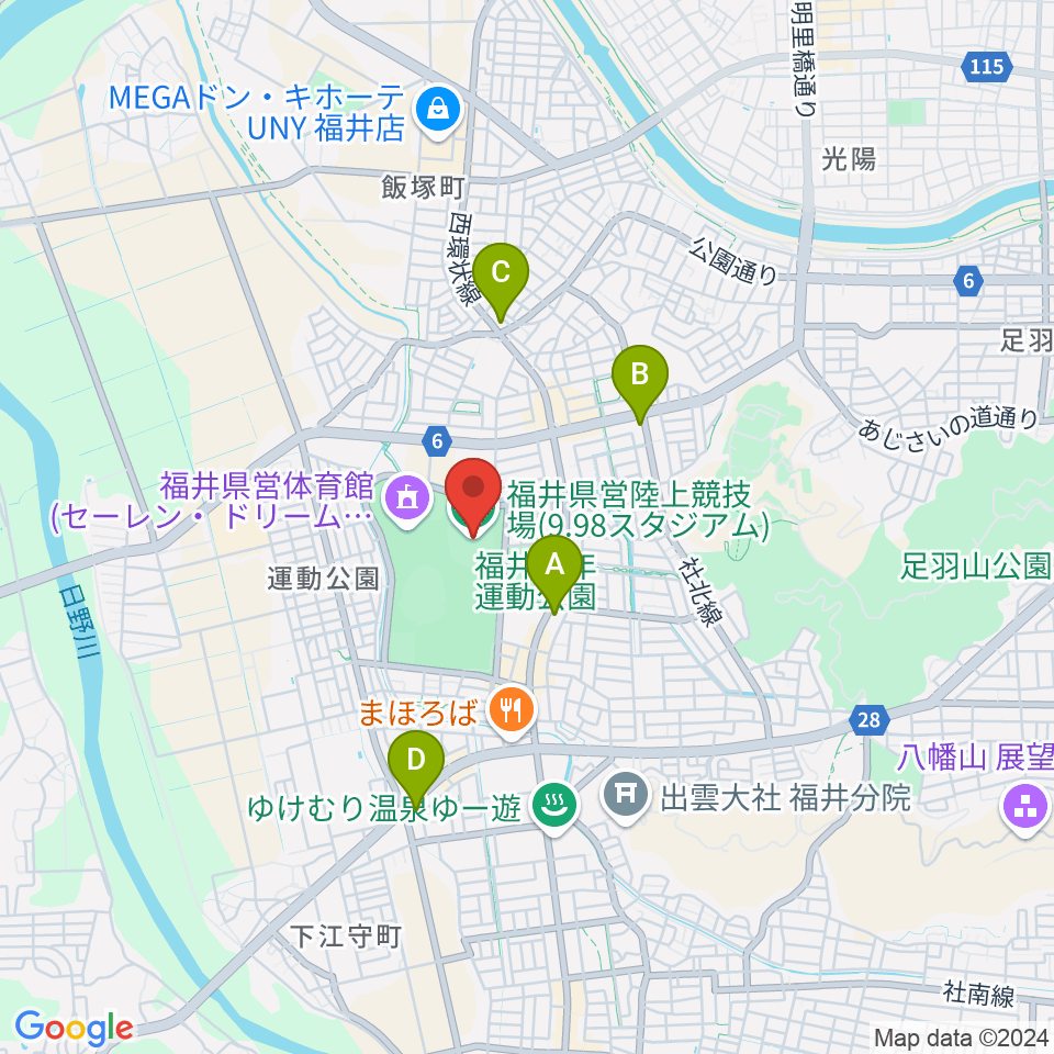 福井県営陸上競技場 9.98スタジアム周辺のコンビニエンスストア一覧地図