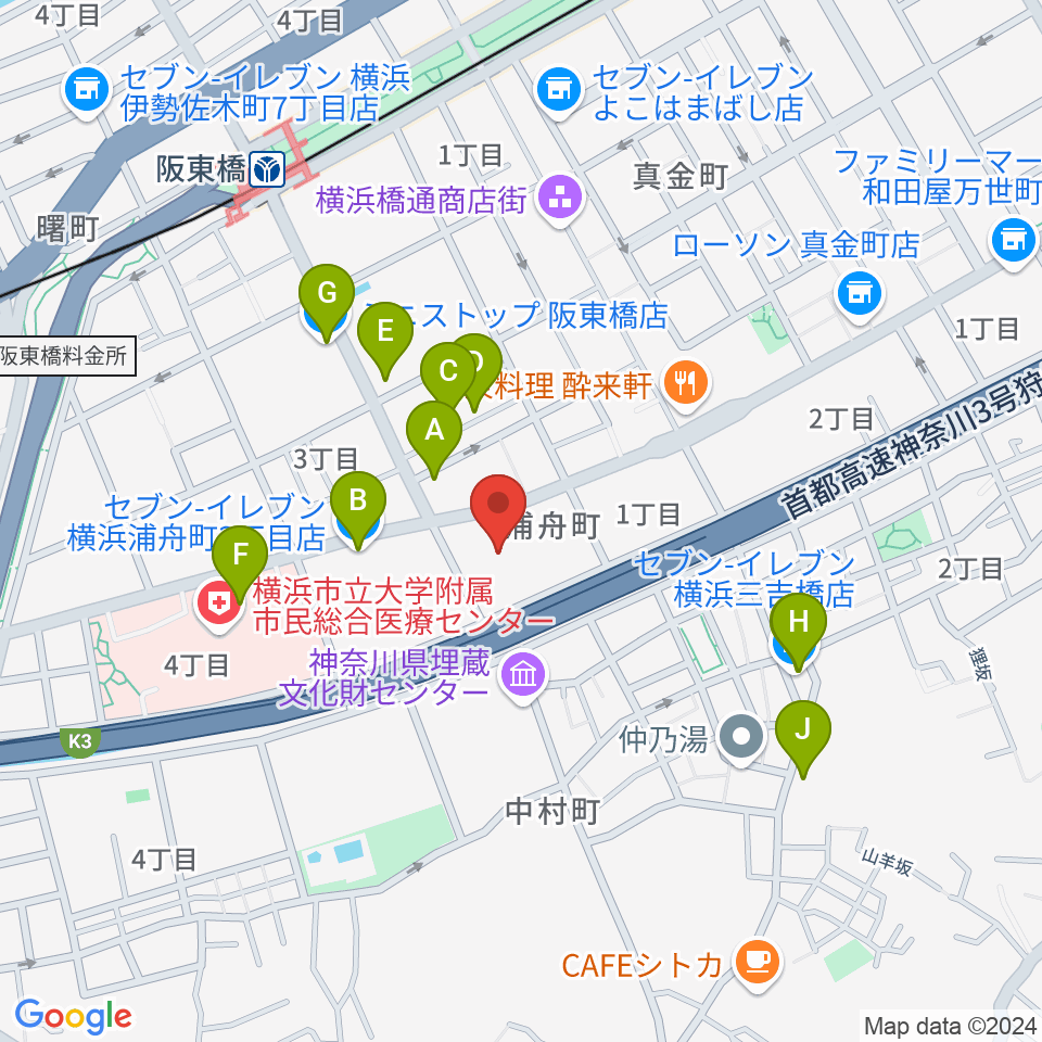 横浜市南公会堂 みなみん周辺のコンビニエンスストア一覧地図