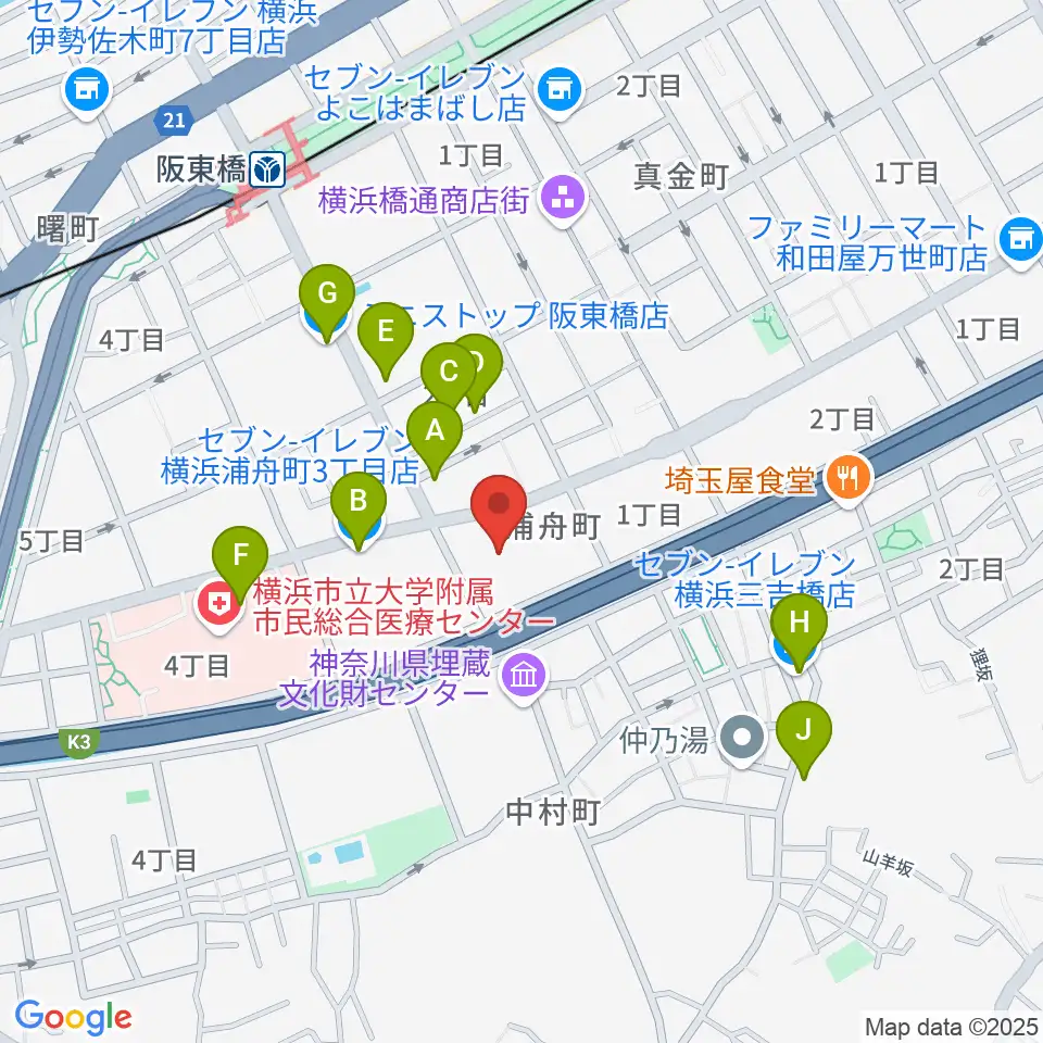 横浜市南公会堂 みなみん周辺のコンビニエンスストア一覧地図