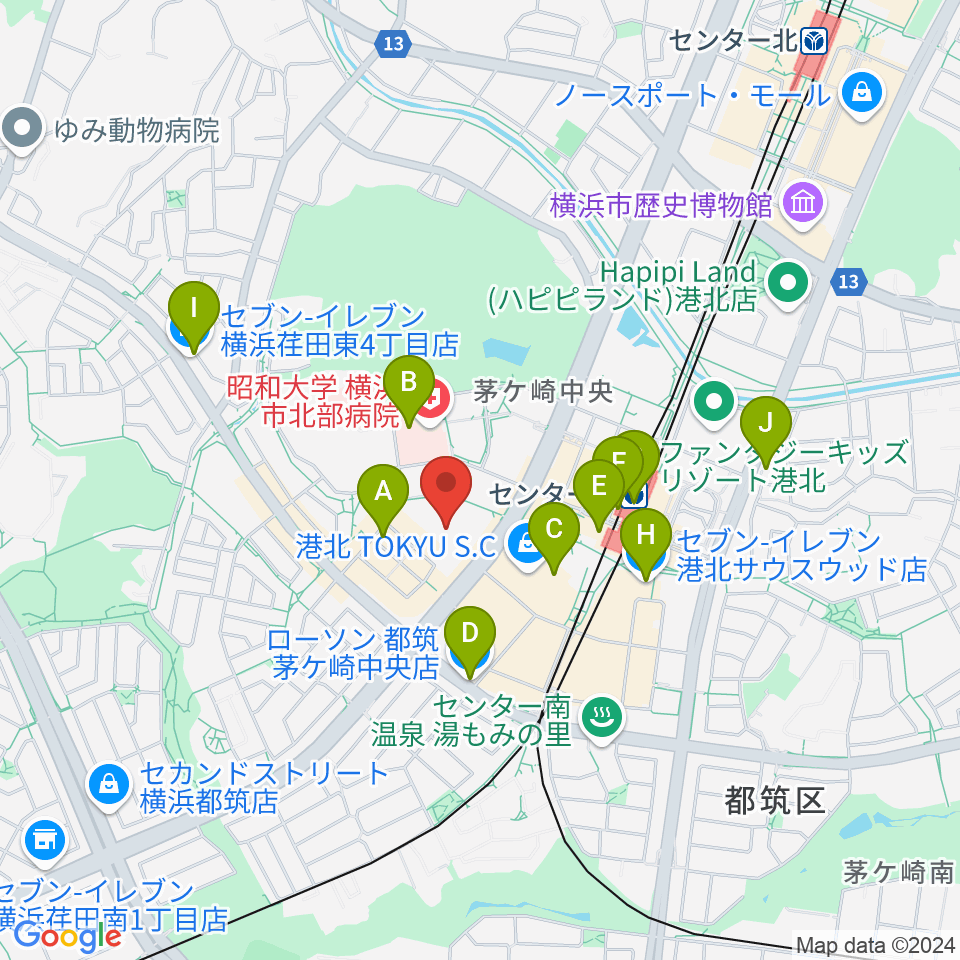 都筑公会堂周辺のコンビニエンスストア一覧地図