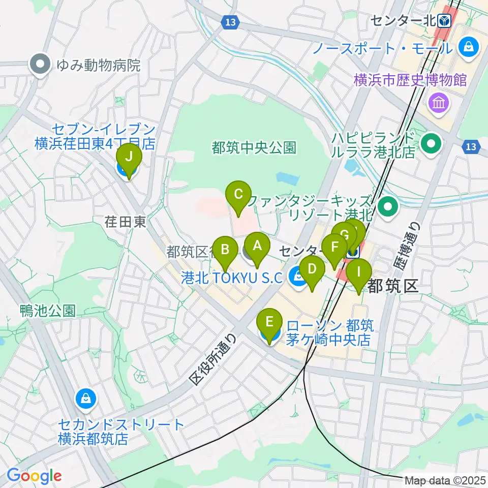 都筑公会堂周辺のコンビニエンスストア一覧地図