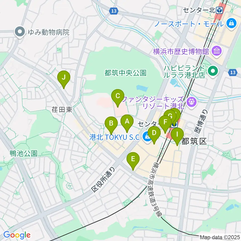 都筑公会堂周辺のコンビニエンスストア一覧地図