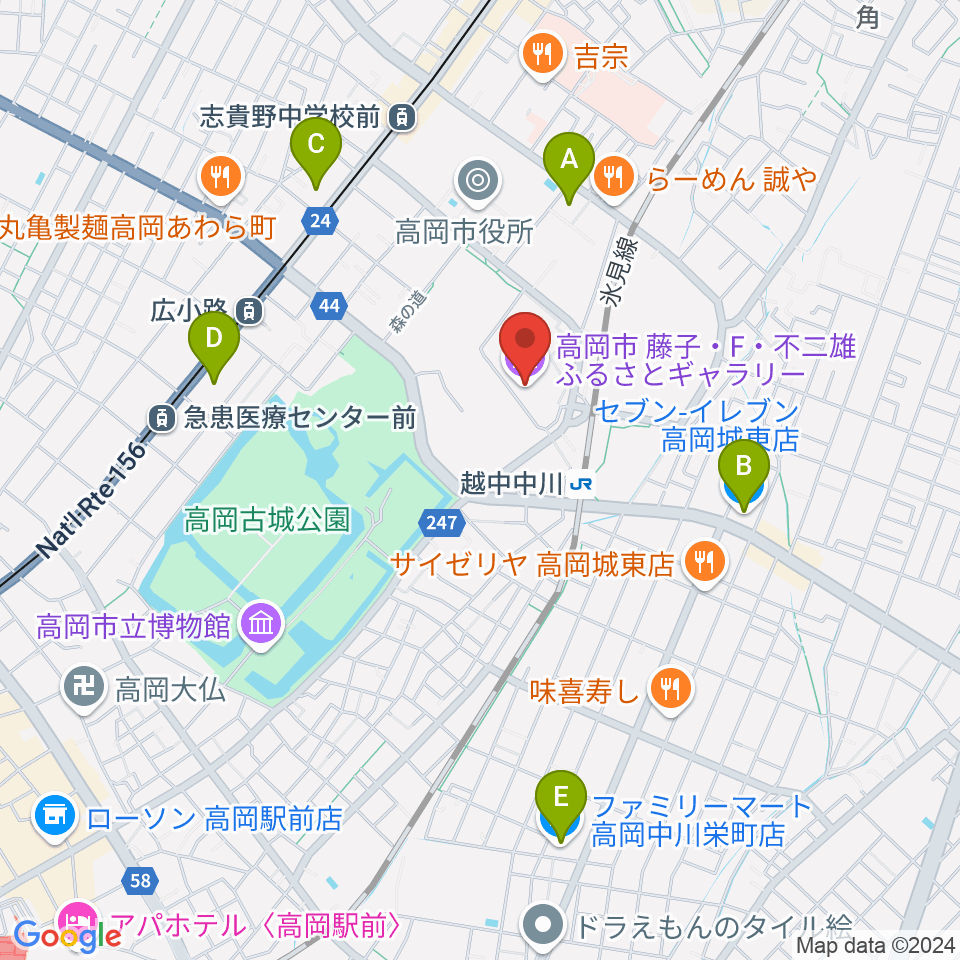 高岡市美術館周辺のコンビニエンスストア一覧地図