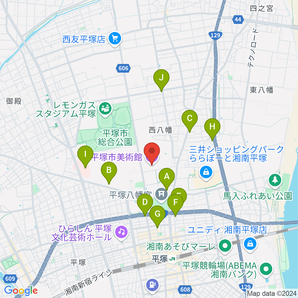 平塚市美術館周辺のコンビニエンスストア一覧地図