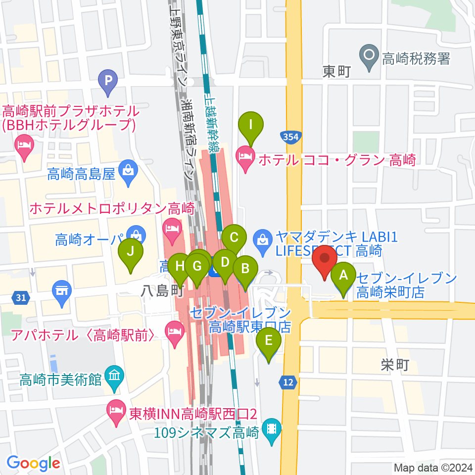 高崎市タワー美術館周辺のコンビニエンスストア一覧地図