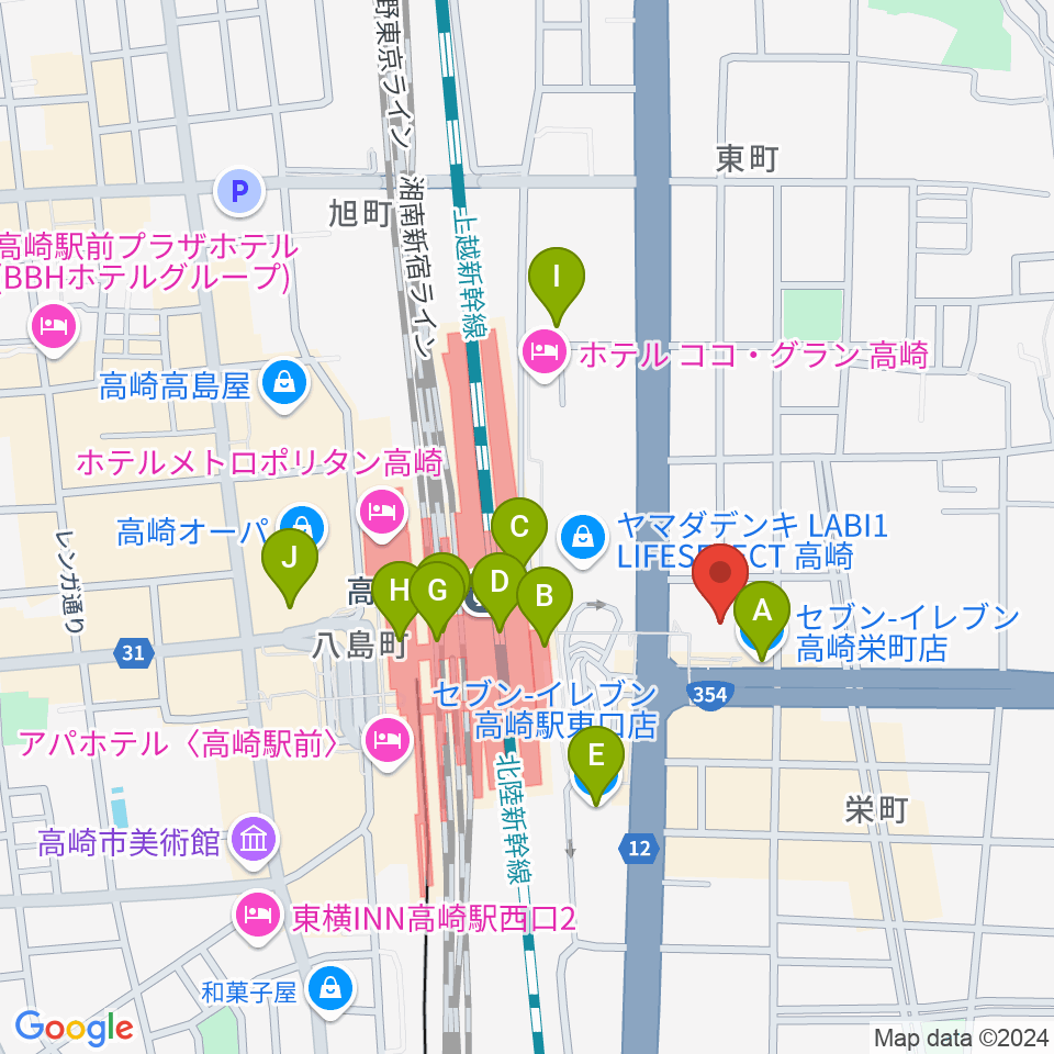 高崎市タワー美術館周辺のコンビニエンスストア一覧地図