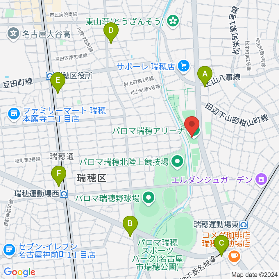 パロマ瑞穂アリーナ周辺のコンビニエンスストア一覧地図