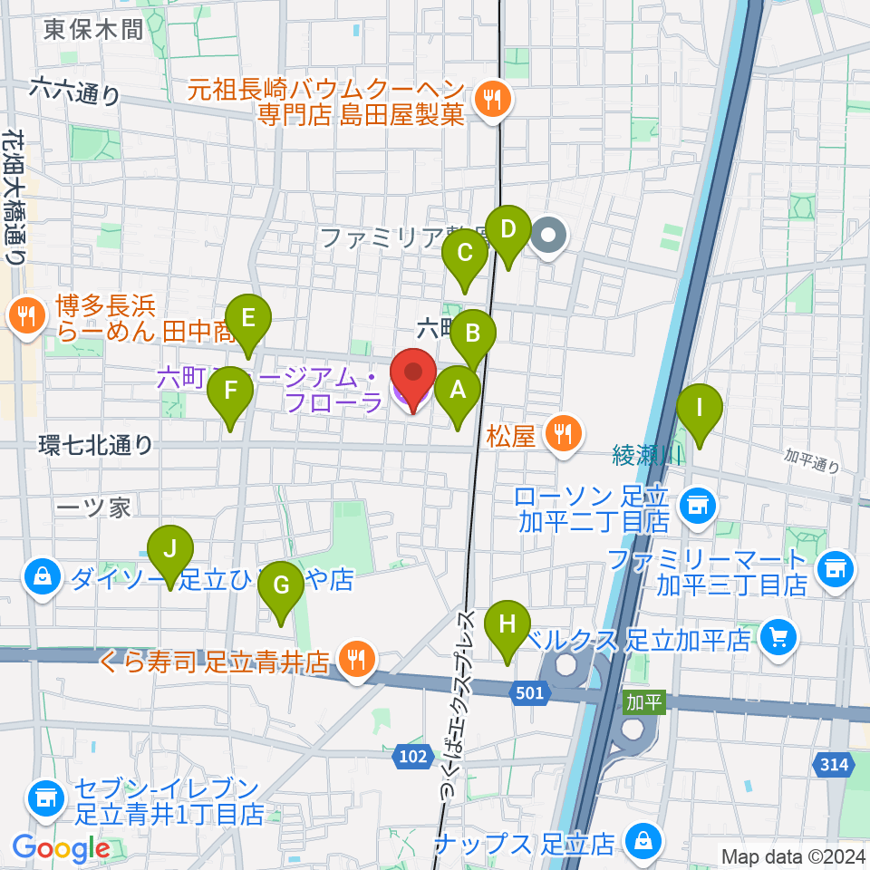 六町ミュージアムフローラ周辺のコンビニエンスストア一覧地図