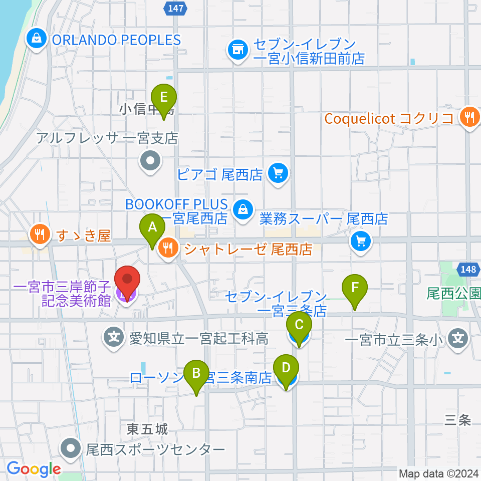 一宮市三岸節子記念美術館周辺のコンビニエンスストア一覧地図