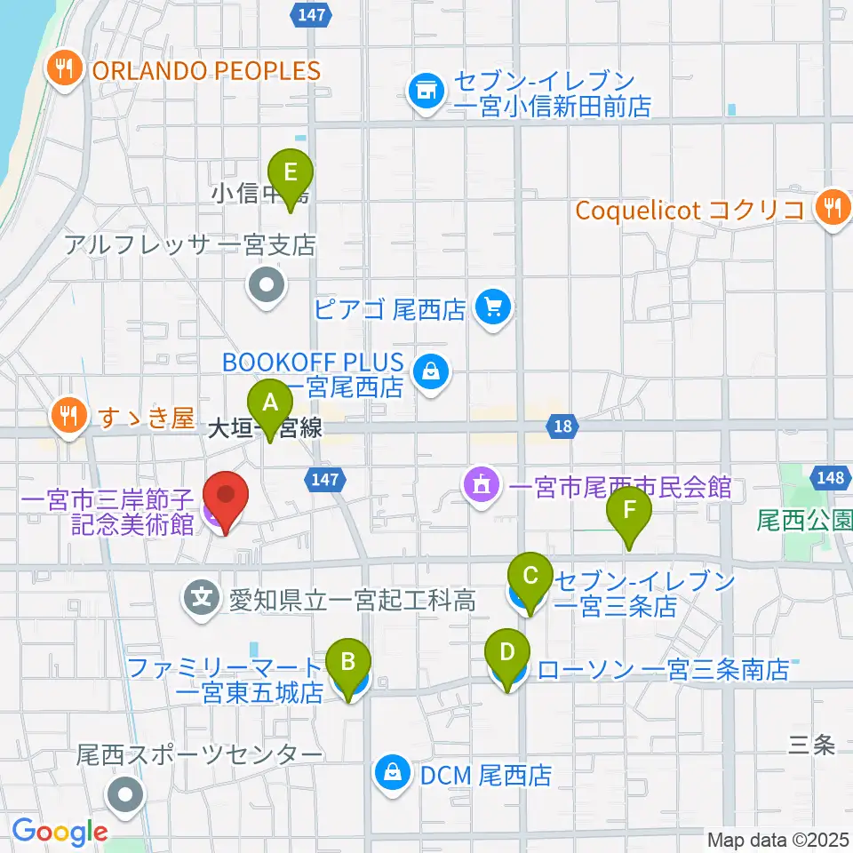 一宮市三岸節子記念美術館周辺のコンビニエンスストア一覧地図