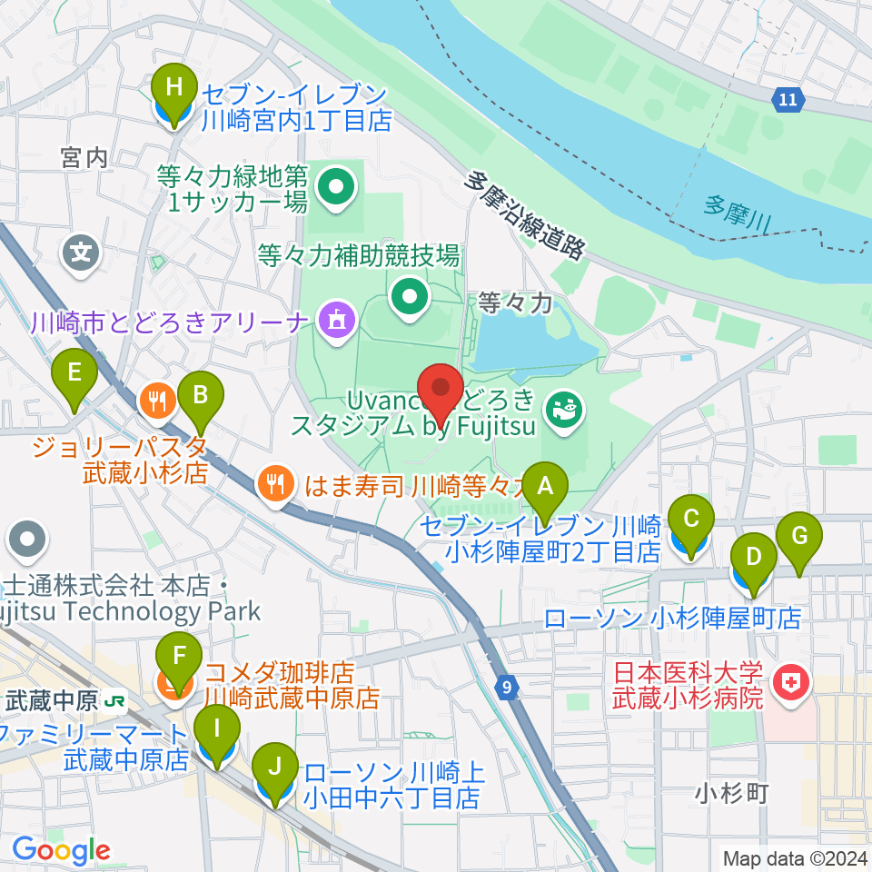 川崎市等々力球場周辺のコンビニエンスストア一覧地図