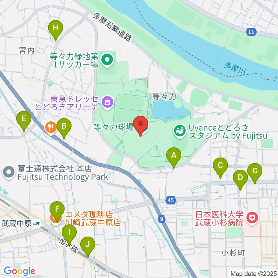 川崎市等々力球場周辺のコンビニエンスストア一覧地図