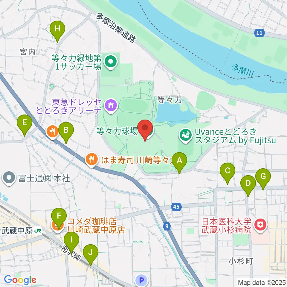 川崎市等々力球場周辺のコンビニエンスストア一覧地図