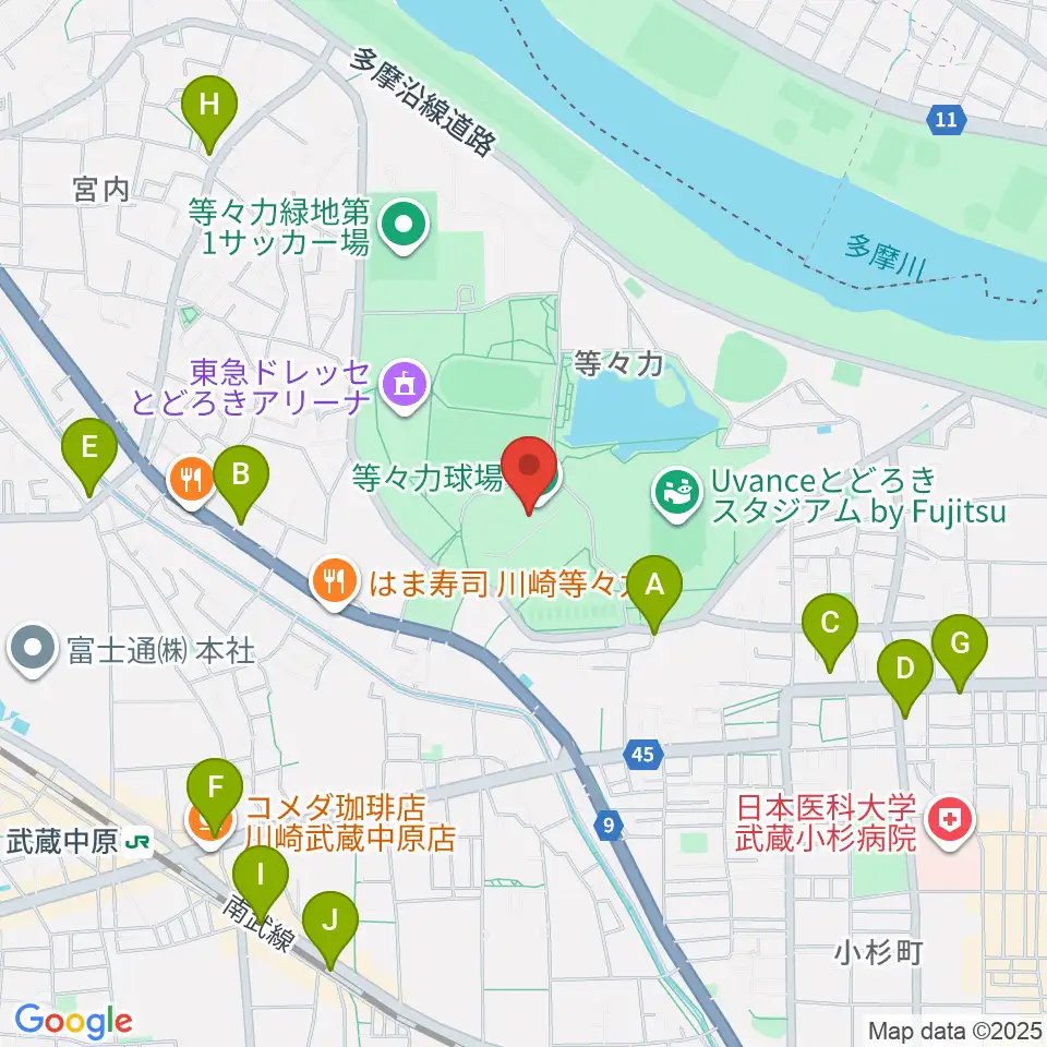 川崎市等々力球場周辺のコンビニエンスストア一覧地図