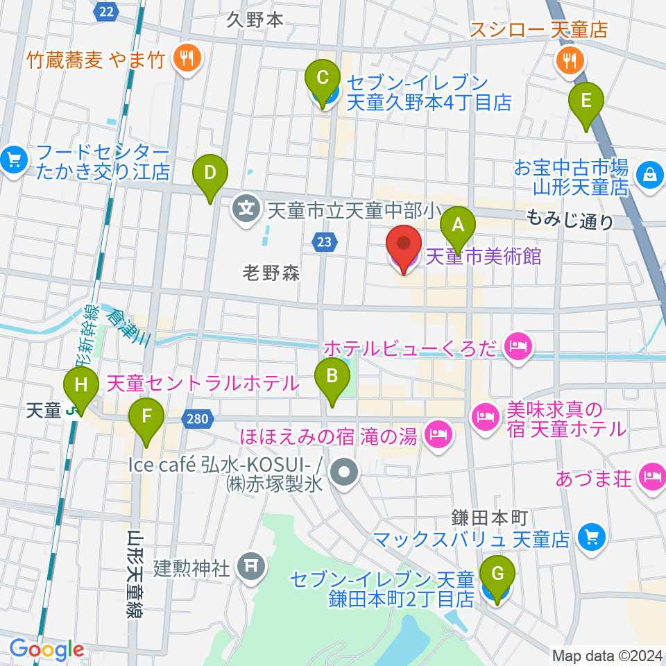 天童市美術館周辺のコンビニエンスストア一覧地図