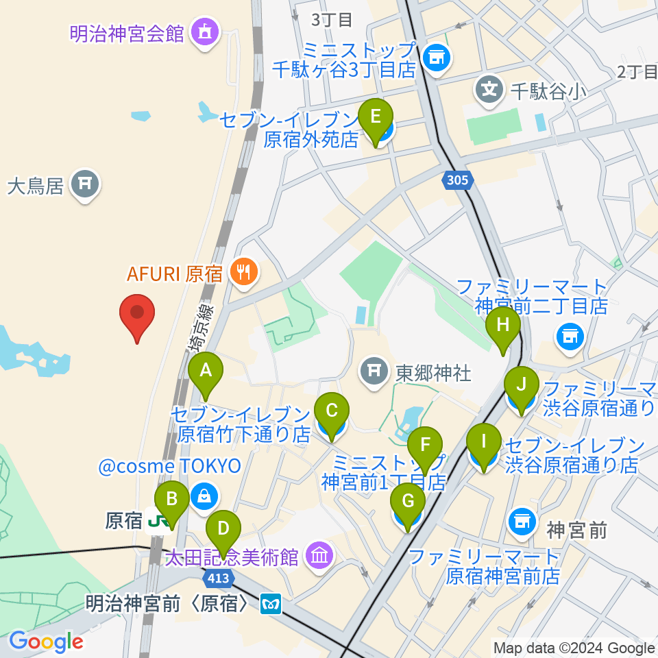 明治神宮ミュージアム周辺のコンビニエンスストア一覧地図