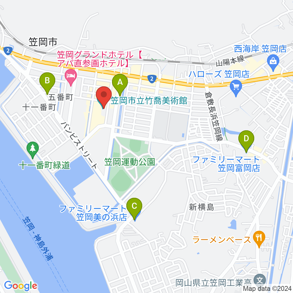 笠岡市立竹喬美術館周辺のコンビニエンスストア一覧地図