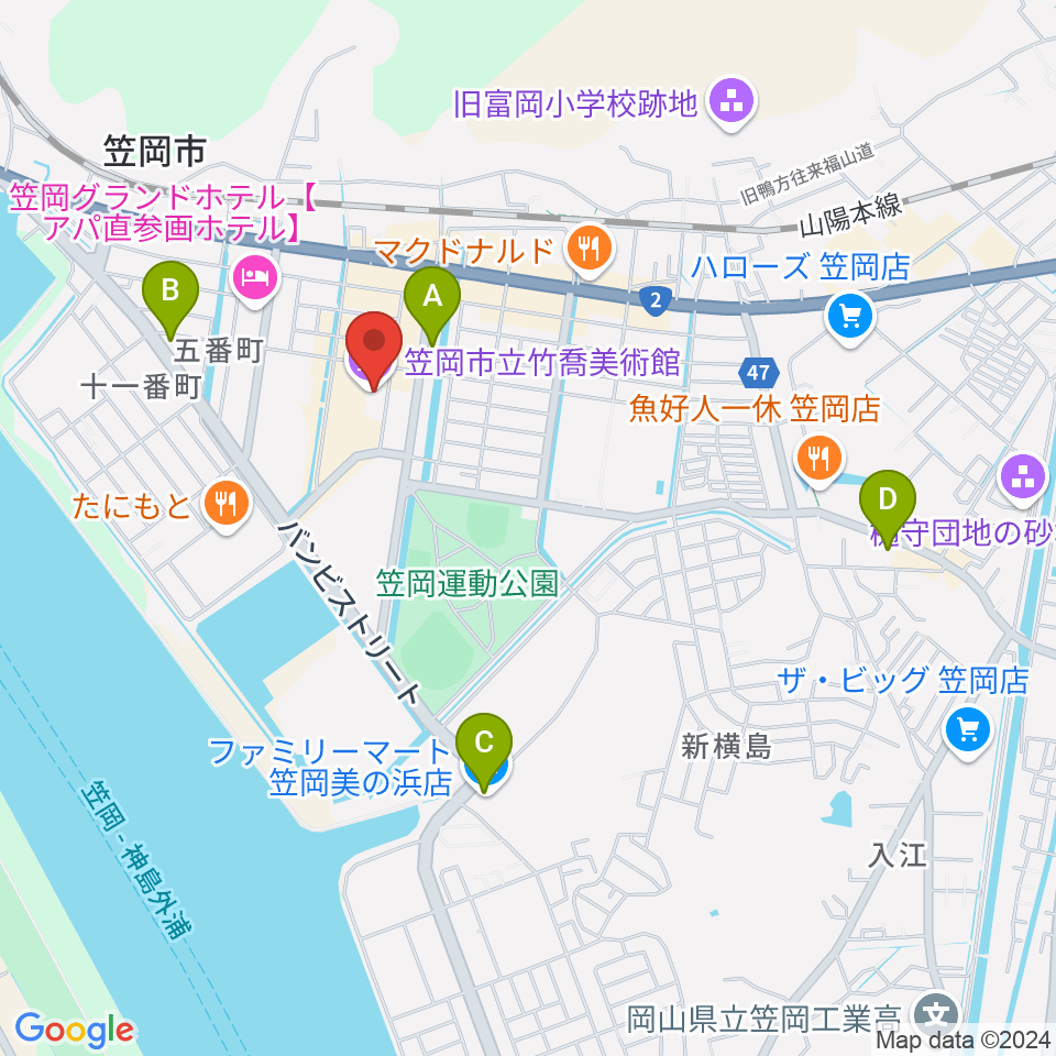 笠岡市立竹喬美術館周辺のコンビニエンスストア一覧地図