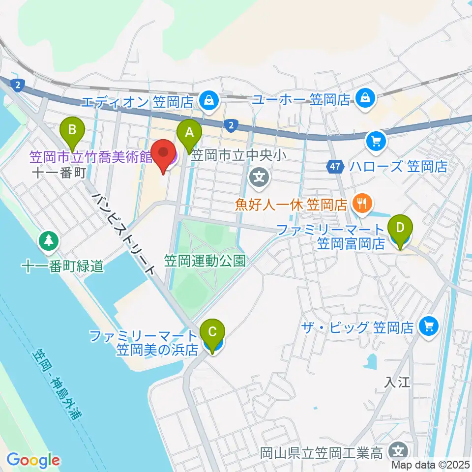 笠岡市立竹喬美術館周辺のコンビニエンスストア一覧地図
