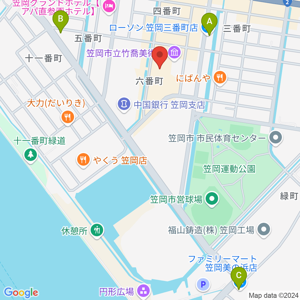 笠岡市民会館周辺のコンビニエンスストア一覧地図