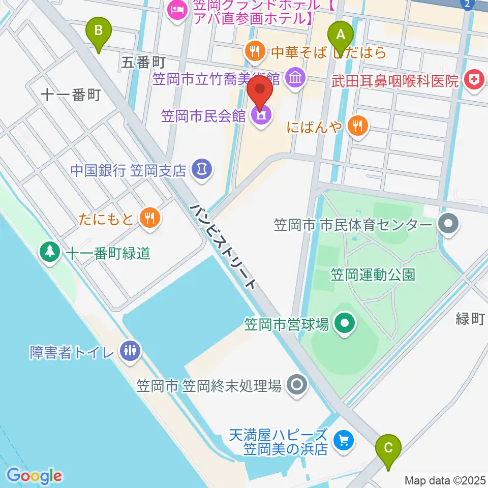 笠岡市民会館周辺のコンビニエンスストア一覧地図