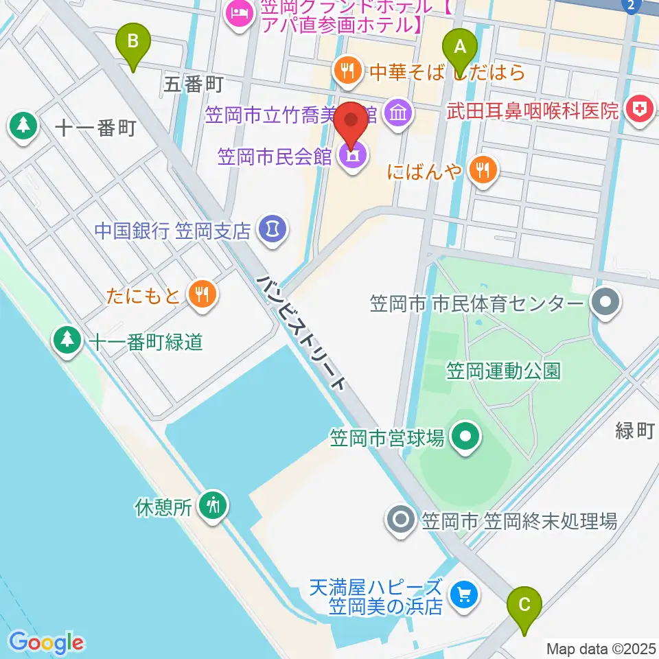 笠岡市民会館周辺のコンビニエンスストア一覧地図