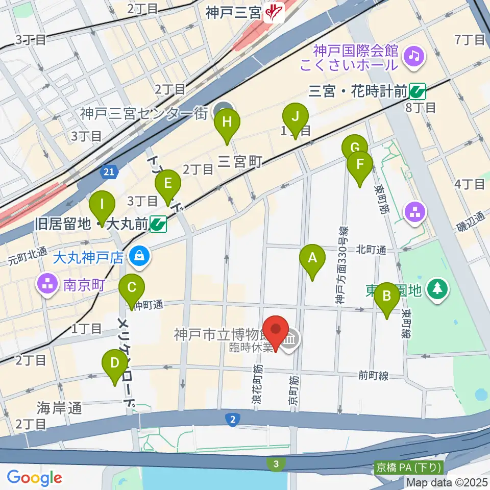 神戸市立博物館周辺のコンビニエンスストア一覧地図