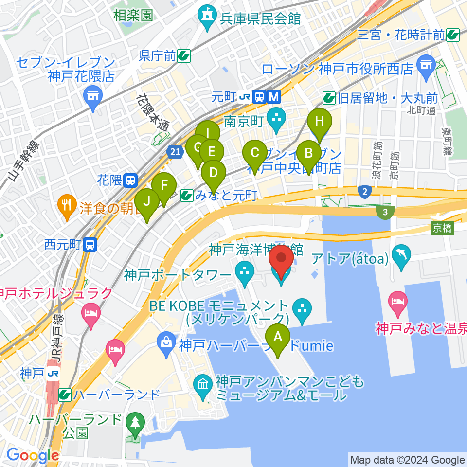 神戸海洋博物館周辺のコンビニエンスストア一覧地図