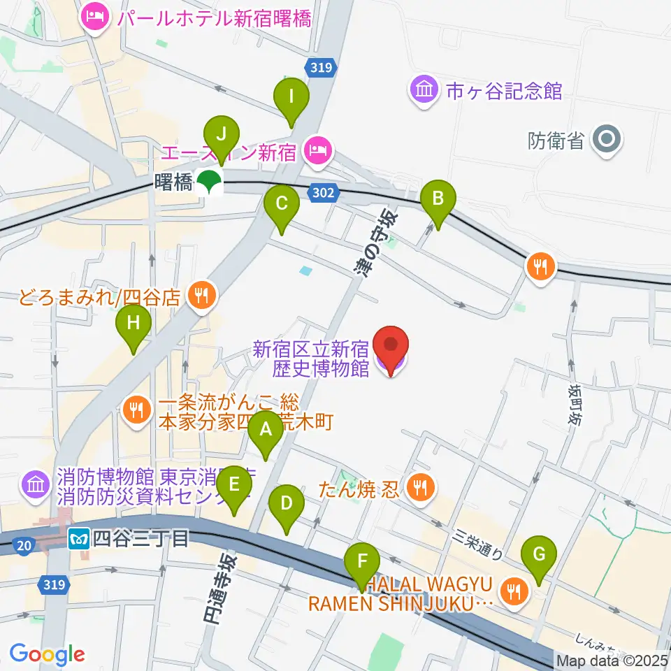 新宿歴史博物館周辺のコンビニエンスストア一覧地図