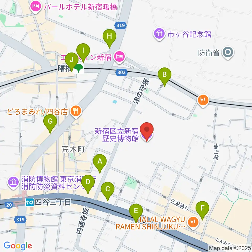 新宿歴史博物館周辺のコンビニエンスストア一覧地図