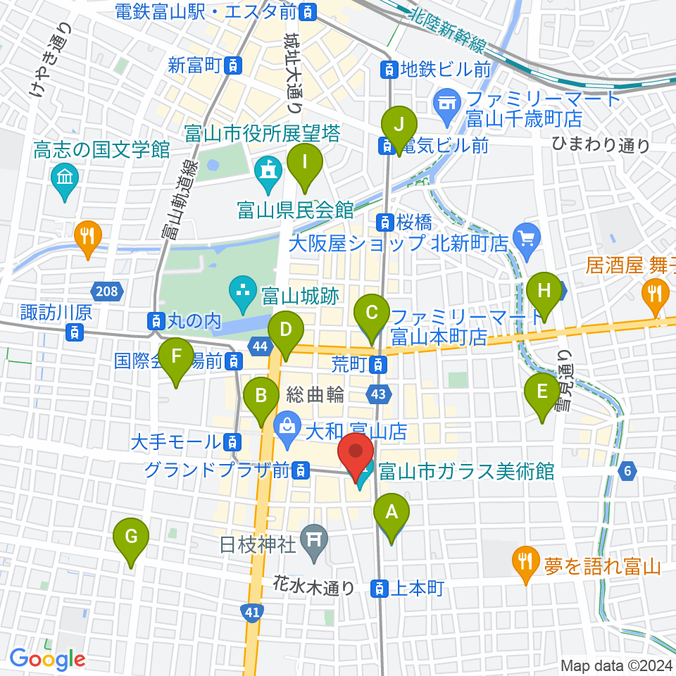 富山市ガラス美術館周辺のコンビニエンスストア一覧地図