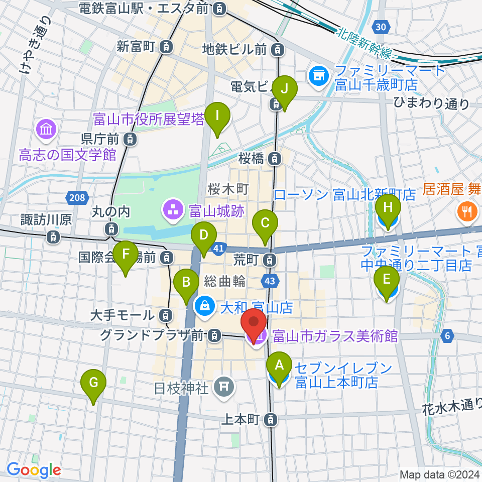 富山市ガラス美術館周辺のコンビニエンスストア一覧地図